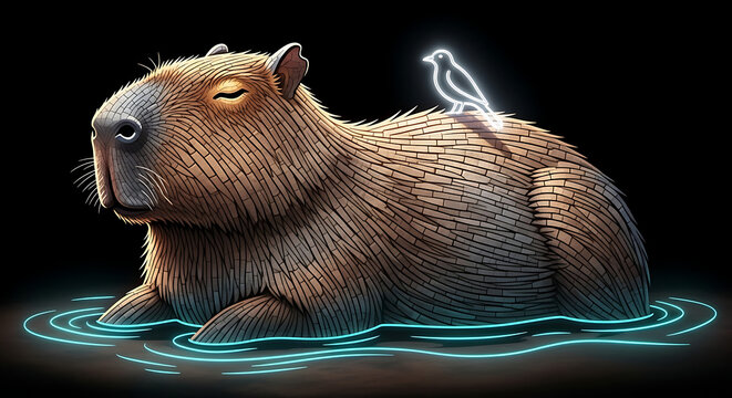 Glowing Neon Mosaic Capybara Relaxing, Serene Rodent Art, Chill Animal Vibes