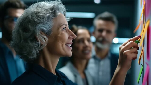 A diverse team brainstorms with sticky notes on a whiteboard a leader showing compassion and engagement hyper realistic notes with vivid text moody shadows in a modern office