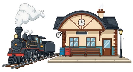 Vibrant cartoon illustration of a classic steam train arriving at a small, rustic train station with an