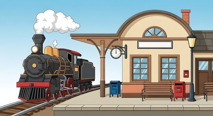 Vibrant cartoon illustration of a classic steam train arriving at a small, rustic train station with an