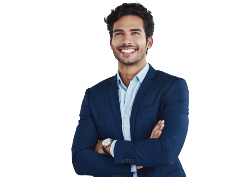 Portrait of a smiling male project manager with crossed arms in a suit on white and transparent background, concept for leadership profile, business presentation and executive branding