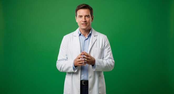 Man doctor with white coat standing against green screen background. Male physician on chromakey background for medical presentation. - Powered by Adobe