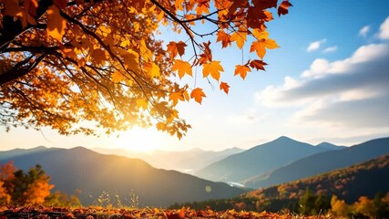 Golden autumn leaves cascade over scenic mountain range landscape with bright sunshine and beautiful sky for a tranquil autumn backdrop - Powered by Adobe