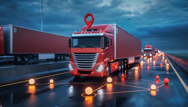 Red semi truck with a red location pin on top driving on a wet highway at dusk with glowing traffic markers - Powered by Adobe