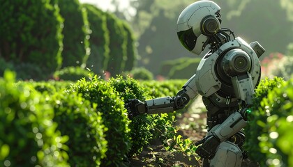 Robot trims hedge in lush garden, sunlight filtering through foliage, tranquil and serene scene