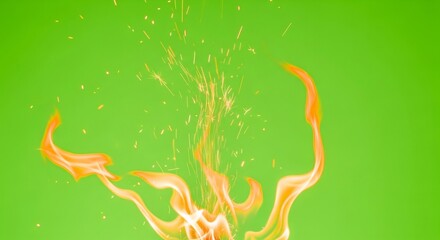 Orange fire with sparks on a green screen. Flame effect for chroma key compositing. Fire element for video production.