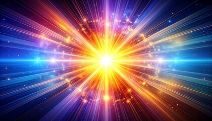 Radiant, explosive bursts of golden and blue energy create a dynamic, abstract, cosmic impression