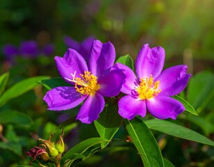 Obraz premium Close-up of vibrant, purple flowers with yellow centers, framed by green leaves, in sunlight