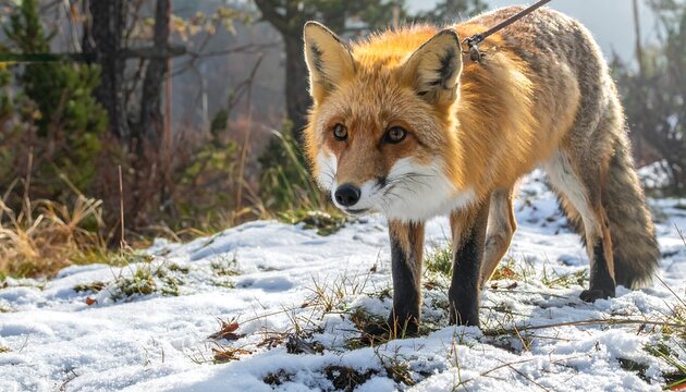 Red fox with a leash stands on snowy ground with a backdrop of bare trees in a natural outdoor winter scene