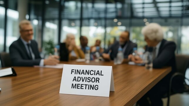 Financial advisor meeting table sign with business professionals in modern conference room for business management investment planning and client consultation session