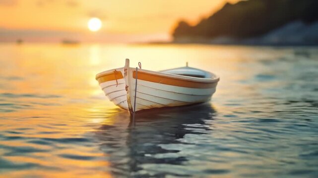 Tranquil wooden rowboat gently floating on calm golden water at sunset, a serene and peaceful coastal scene with vibrant colors.