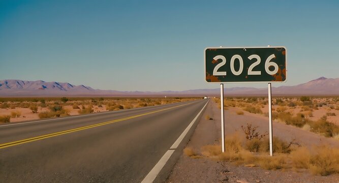 Desert highway sign displays the year 2026 symbolizing the approaching future and the journey ahead on a long open road
