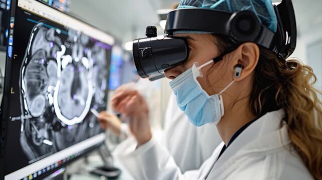 A medical professional wearing a headset reviews brain scan images on a monitor. The setting is a modern healthcare environment, clearly focused on improving patient diagnosis and care