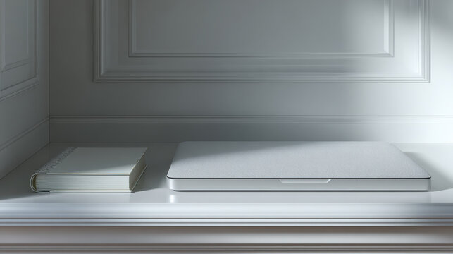 Calm, elegant closed slim laptop on minimalist white desk. An empty modern background with soft light, creating simple, clean scene