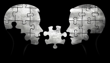 Two human profiles made of gray puzzle pieces facing each other with a missing puzzle piece between them on a black background symbolizing connection and understanding
