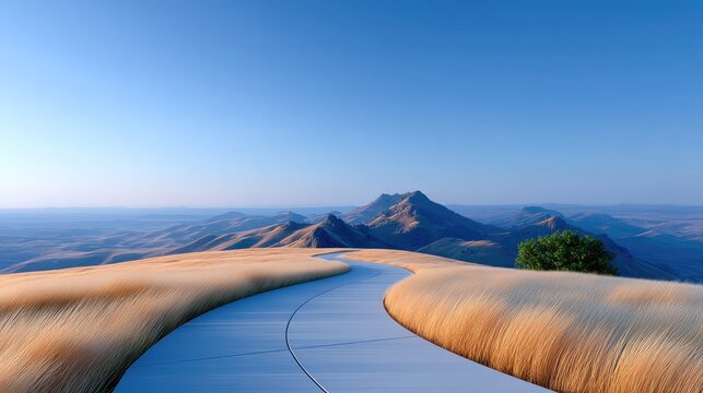 Scenic winding hiking path through golden wheat fields towards distant hazy mountains under a clear blue sky at sunrise
