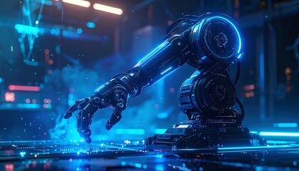 Robotic arm hovers above a circuit board, bathed in glowing blue light amidst a workshop setting