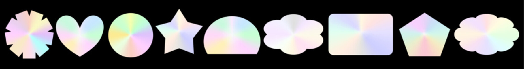 Iridescent hologram sticker set with shiny foil label accents. Each sticker glows with rainbow color and metallic label shimmer.