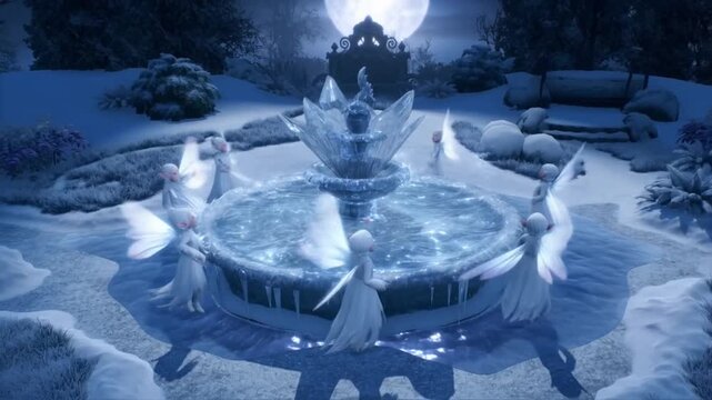 Small snow elves with shimmering wings dancing around a frozen fountain in a moonlit garden, concept of magical festive ritual