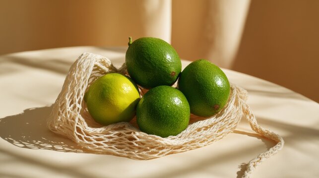 A beautiful arrangement of fresh limes and a lemon in a sustainable net bag, enhanced by soft natural light and warm tones. - Powered by Adobe