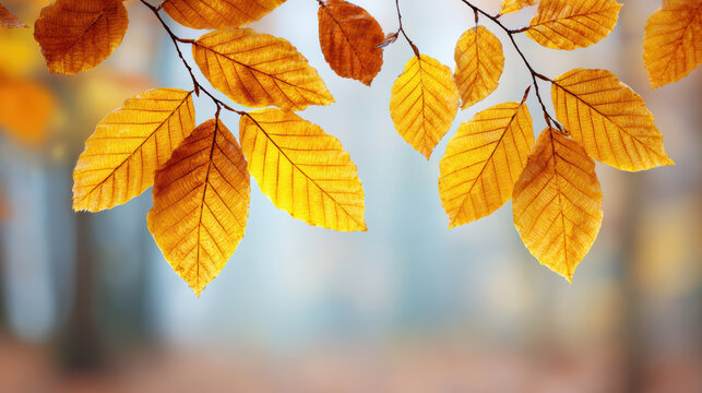 Golden yellow autumn leaf on tree branch during serene fall season. Natural park background with red and orange colors creating peaceful vibe