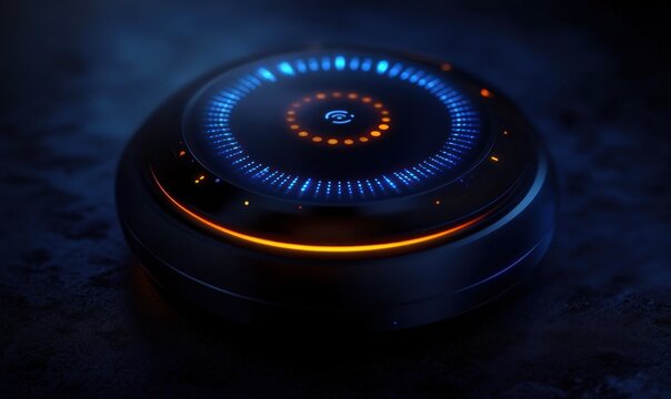 Close-up of a futuristic circular device with glowing blue and orange LED lights on a dark surface, emitting a high-tech and sleek atmosphere