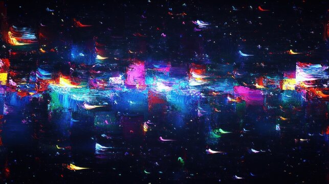 Abstract nighttime cityscape with colorful neon lights and reflections in vibrant blues, purples, reds, and yellows conveying an energetic and futuristic atmosphere