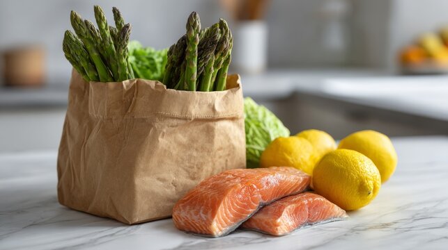 Fresh green asparagus, vibrant salmon fillets, and bright lemons arranged beautifully on a kitchen counter.