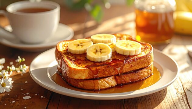 Golden Brown French Toast Stack Topped With Sliced Bananas And Drizzled With Maple Syrup Served With A Cup Of Tea And Honey In Warm Morning Sunlight