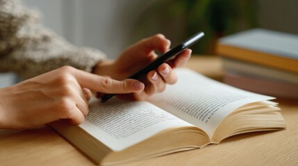 Close-up of a woman's hands engaged with a smartphone and an open book on a wooden table.