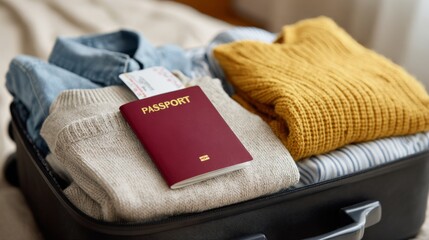 A neatly packed suitcase with a maroon passport on top of cozy clothing, signaling adventure and travel plans.