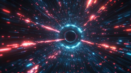 Futuristic glowing blue and red digital tunnel with a circular core emitting streaks of light, suggesting high-speed travel or data transmission in deep space