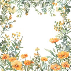 Obraz premium Yellow flower, leaves frame invitation. Empty, blank space in center for text