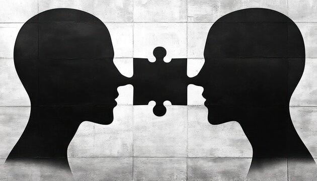 Black silhouettes of two human heads facing each other connected by a puzzle piece between their noses symbolizing communication and connection - Powered by Adobe