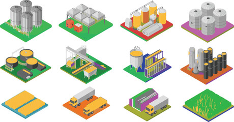 Isometric grain storage facility with silos, corn processing plant, grain elevator, transportation trucks, and harvested corn field for agriculture industry illustration