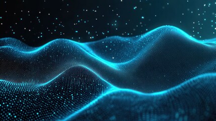 Abstract glowing blue wave pattern with flowing particles creating a futuristic digital landscape under dark starry background
