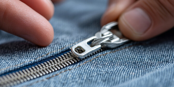 Close-up of hands pulling a metal zipper on blue denim fabric with detailed texture and stitching in soft natural light