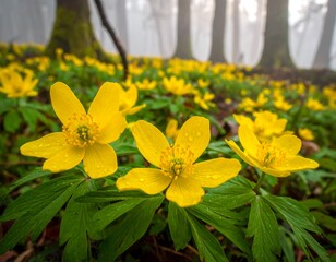 Close-up of yellow wildflowers with vibrant green leaves, soft focus forest background