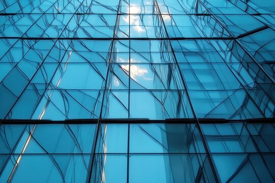 Reflective glass facade of a modern skyscraper with blue sky and cloud reflections creating abstract distorted patterns