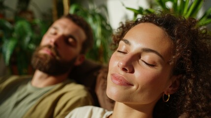Fototapeta premium Relaxed couple enjoying a peaceful moment together, surrounded by lush greenery.