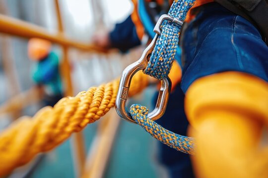 Close-up of a safety harness carabiner clipped onto a blue and orange rope held by a worker wearing protective gloves and equipment outdoors