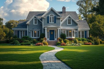 Large two-story suburban house with blue shutters, a welcoming front door, surrounded by lush green lawn, colorful flower beds, and tall trees under a partly cloudy sky