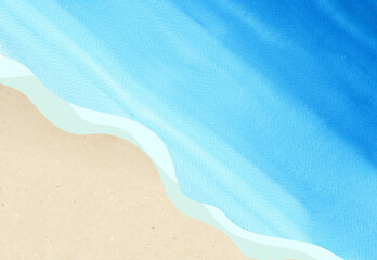Abstract watercolor background, the sea and sandy beach with soft blue waves and craft paper texture. Calm and minimal travel design.