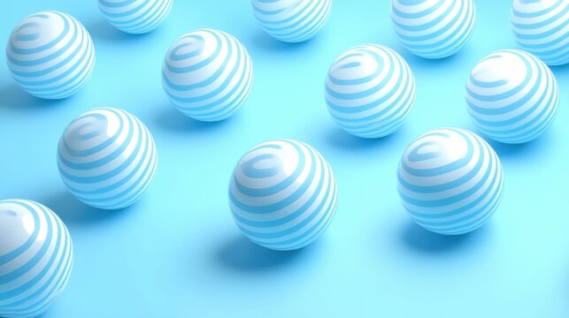 Pattern of white spheres with light blue spiral stripes arranged evenly on a smooth blue surface creating a sense of order and symmetry