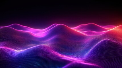 Glowing undulating waves formed by vibrant purple, pink, and blue digital particles on a dark background creating a futuristic and dynamic visual effect