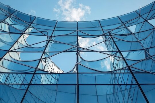 Modern building with reflective glass facade distorting the blue sky and clouds in a dynamic architectural design