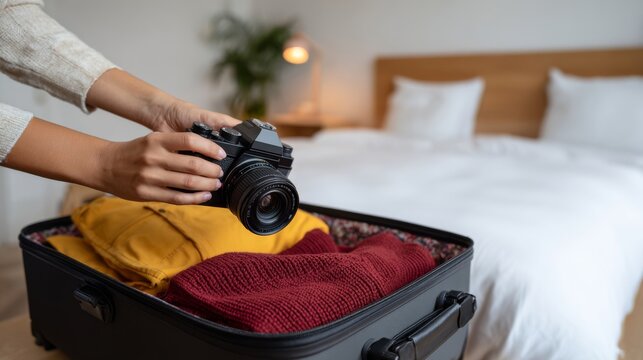 A woman packing her camera into a suitcase, preparing for a travel adventure, with cozy clothing in a modern bedroom setting.