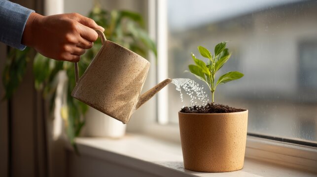 A hand watering a green indoor plant with a beige watering can, showcasing vibrant greenery and a sunny window setting.