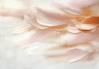 Soft pastel brushstrokes of white, cream, peach, and light brown layered on textured canvas creating a gentle and calming abstract pattern