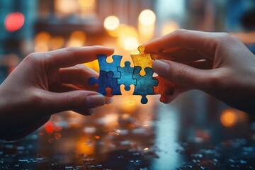 Two people joining colorful puzzle pieces together indoors with warm bokeh lights background evoking collaboration and connection